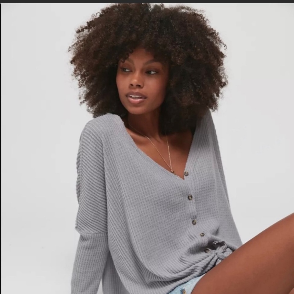Urban outfitters oversized thermal long sleeved button down v neck in black